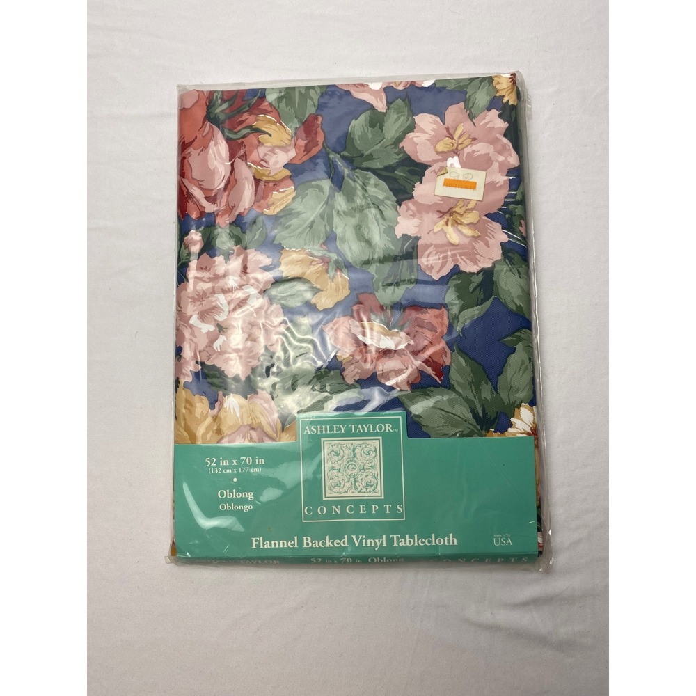 Ashley Taylor Concepts Flannel Backed Vinyl‎ Oblong Tablecloth Floral Blue 52x70